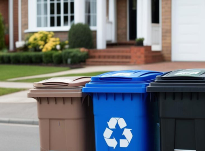 Bacs de compost, recyclage et poubelles devant une maison sur le bord du chemin